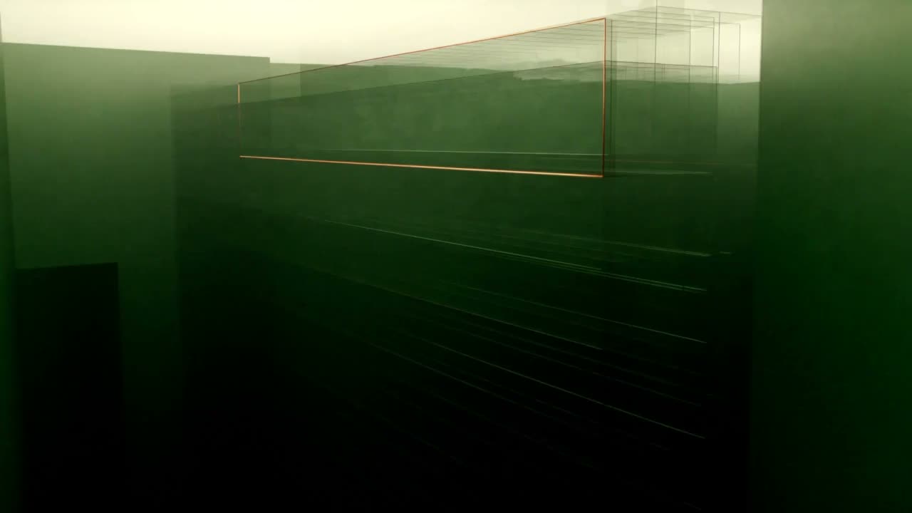 Die Kamera folgt einem kupferfarbenen Signal durch transparente diagnostische Ebenen, ohne sichtbare Untersuchungen.